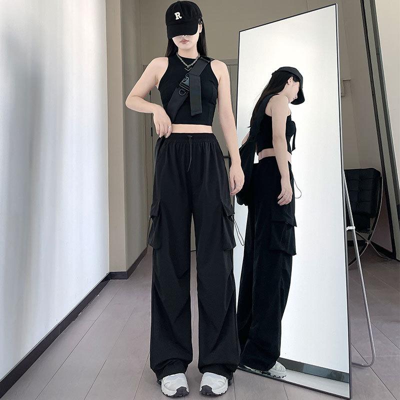 Work Pants Women Drawstring Casual Pants Summer Draped Relaxed Straight Wide Leg Pants Dragged Pants Long Pants Tide