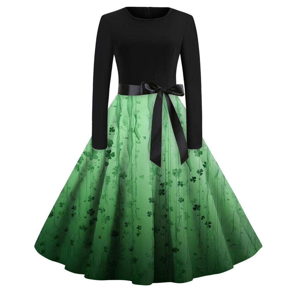 Women's Printed Round Neck Big Hem  Skirt Pleated Skirt Long Sleeved Dress Dress