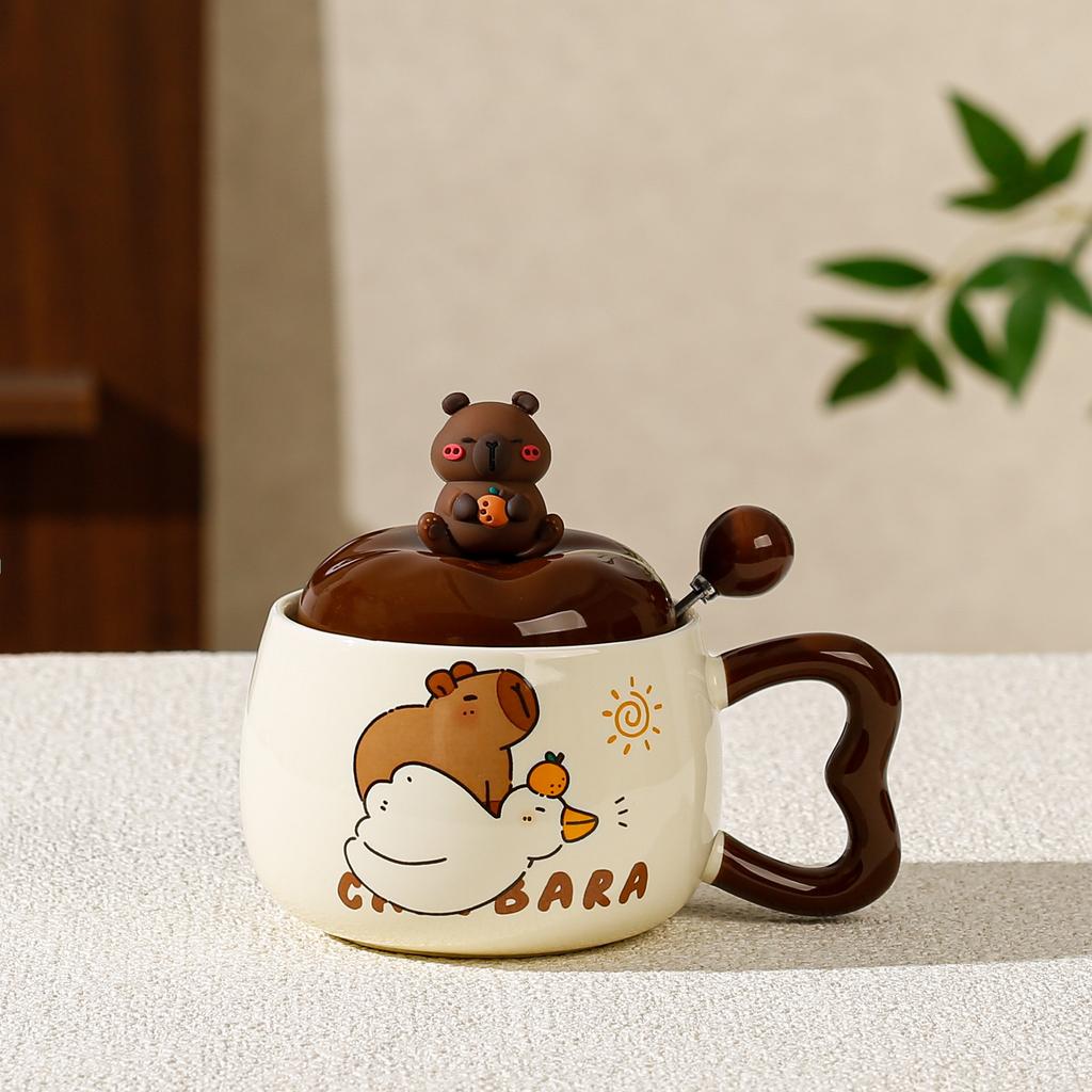 Cartoon Capibala Ceramic Mug with Lid Creative Coffee Milk Tea Water Cup Cute Children Breakfast Cup Household Drinkware