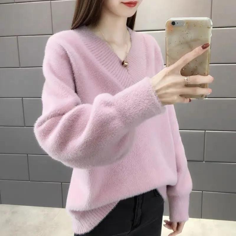 V-neck Mink Sweater Thickened Knitted Jumper Female Korean Style Pullover Loose Casual Sweater Winter Warm Outwear Bottming Tops