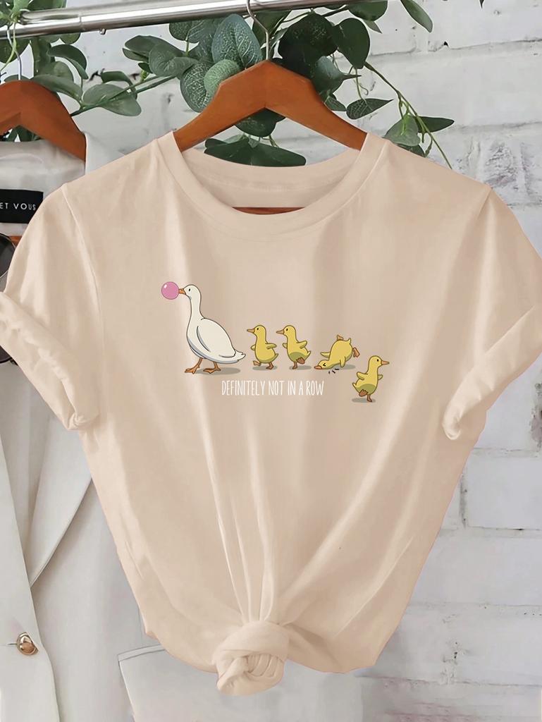 Ladies' Cute Duck Arrangement Printed Pattern T-shirt Casual Round Neck Short Sleeve Top Casual Summer Women's Clothing