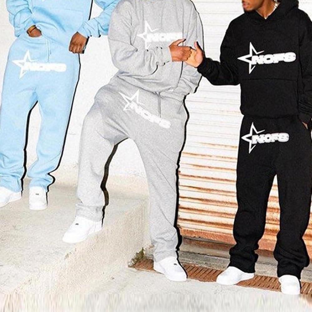 Neues hellblaues Set Y2K Herren-Set Streetwear Hip Hop Print Locker Hoodie Zweiteiliges Set