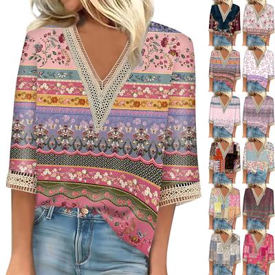Women's Shirt Blouse Casual Loose Shirts 3/4 Sleeve Lace Trims Print V Neck Tops Print Tops T-shirts Tee