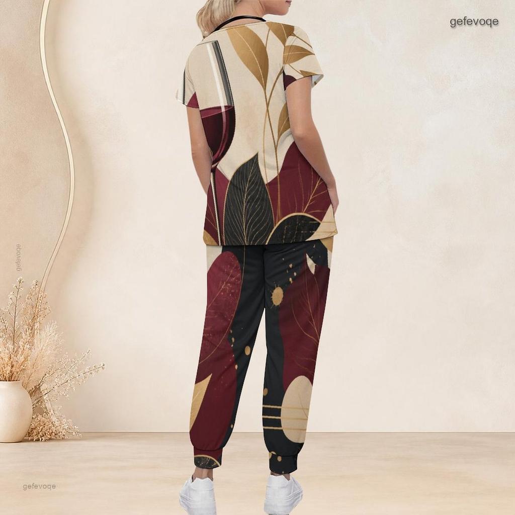 Women Plus Size V Neck Short Sleeve Scrub Set Wine Glass Leaf Abstract Art Print Nurse Uniform Set