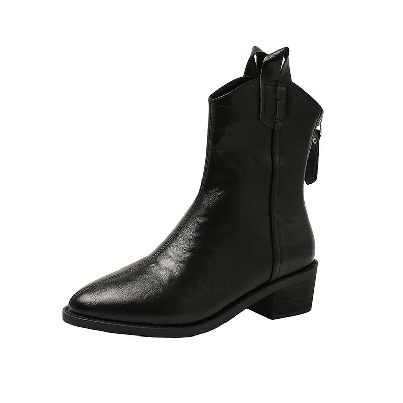 

Ретро-осенние зимние заостренные джинсовые ботинки с V-образным вырезом, мягкая кожа, молния сзади, толстые каблуки, утягивающие современные ботинки Botas Mujer 34 чёрный