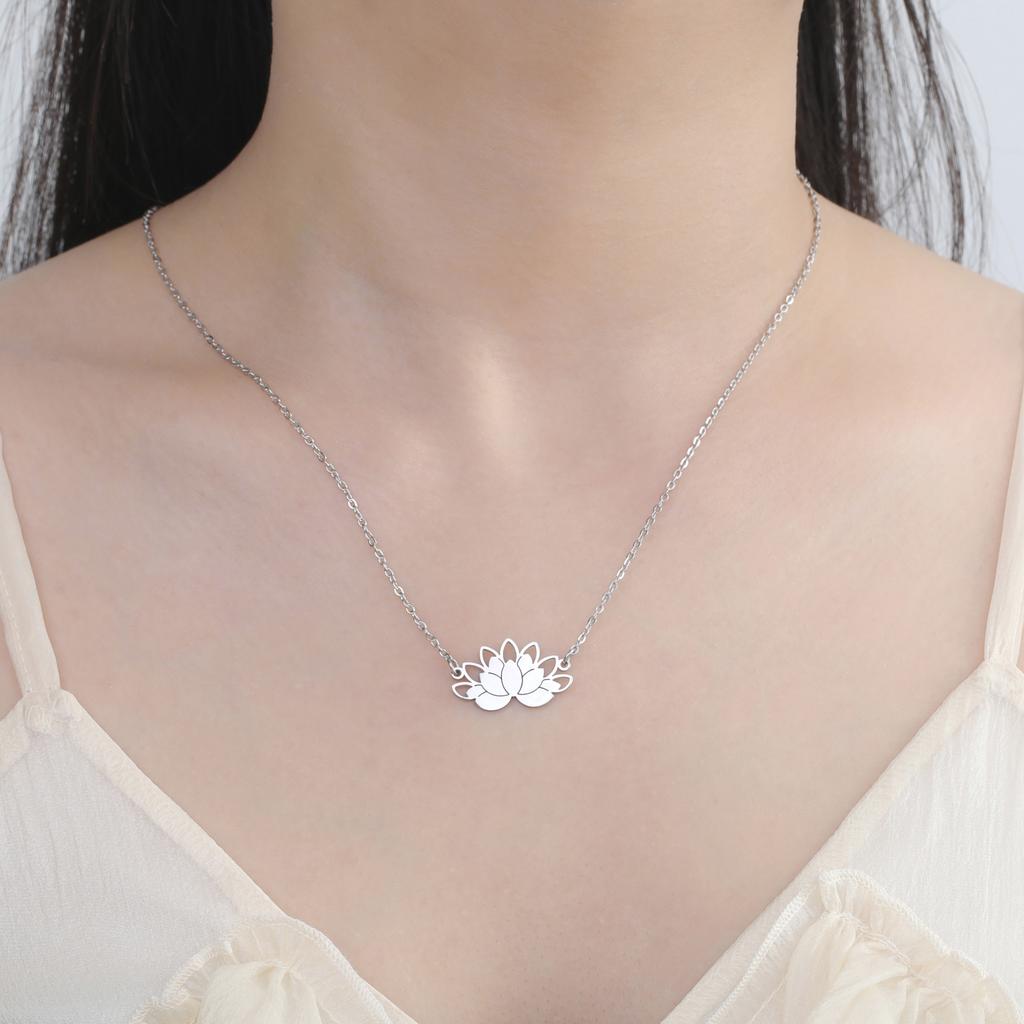 Lotus Flower Pendant Necklace Stainless Steel Women's Choker Yoga Buddhism Amulet Jewelry Birthday Gift