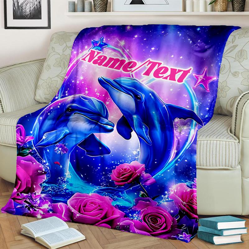 1PC Custom Name Dolphins Starry Fantasy Outdooor Flannel Blankets Throw Blanket All-Season Throw Gift Bedspread for Couch, Bed, Camping Holiday Birthd