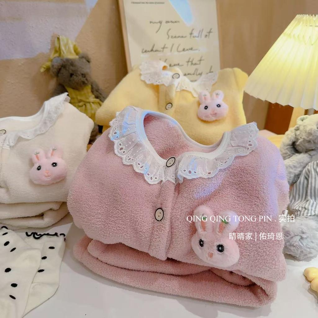 [Warm Winter] Kids Lace Homewear Two-Piece Set Girls Round Neck Casual Pajamas