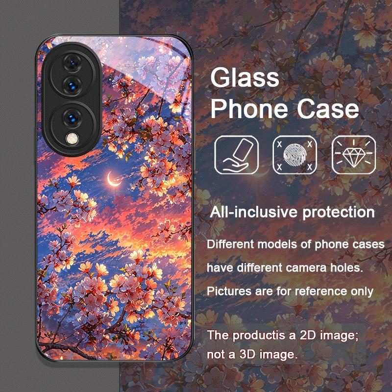 Moon Cherry Blossom Pattern Scenery Tempered Glass Phone Case for Huawei Nova 13 12 11 10 SE Mate 70 60 Pro Plus P60 P40 Covers