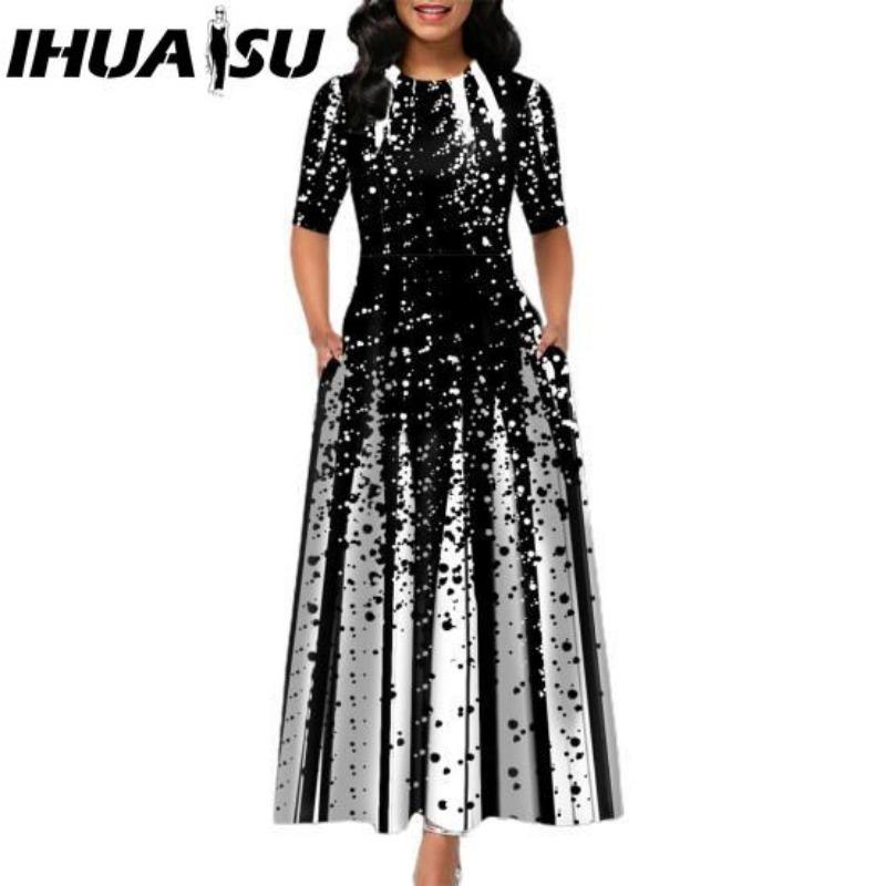 

IHUASU Повседневное женское платье-пуловер со средней талией и круглым вырезом, платье с принтом и большим подолом, платье с коротким рукавом и длиной до щиколотки, женские платья S чёрный