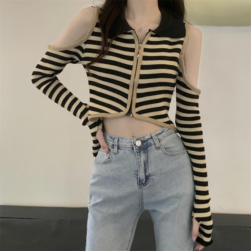 Autumn Winter Polo-neck Off the Shoulder Knitting Striped Crop Top Women Long Sleeve Hollow Zipper Sweater