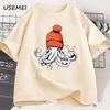 Berretto Arancione Polpo Maglietta in Cotone Stile Giapponese Grafica T-shirt Casual Cotone Manica Corta Girocollo T-shirt Abbigliamento Unisex