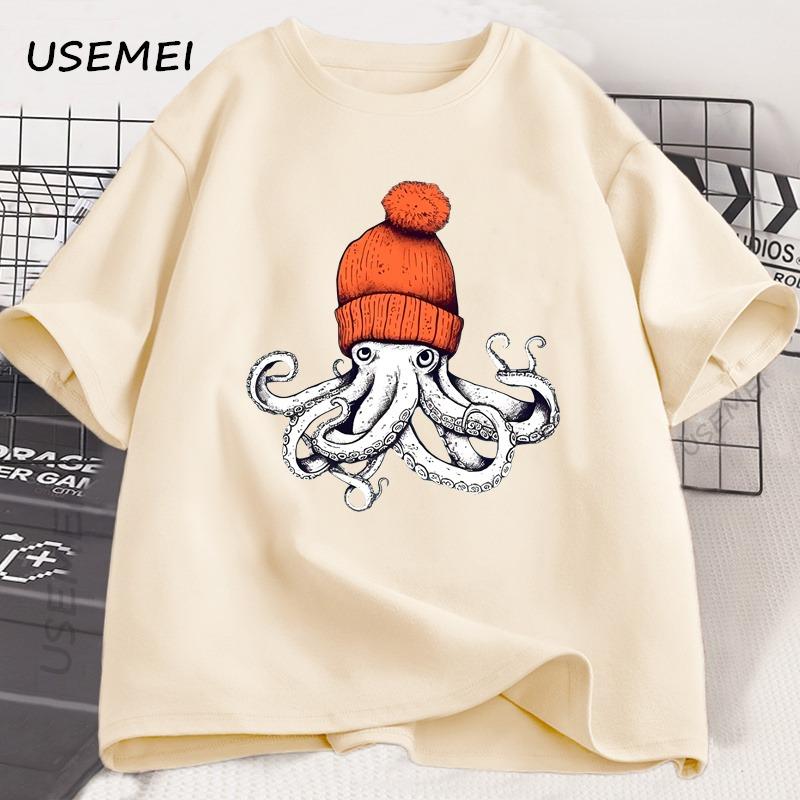 Berretto Arancione Polpo Maglietta in Cotone Stile Giapponese Grafica T-shirt Casual Cotone Manica Corta Girocollo T-shirt Abbigliamento Unisex