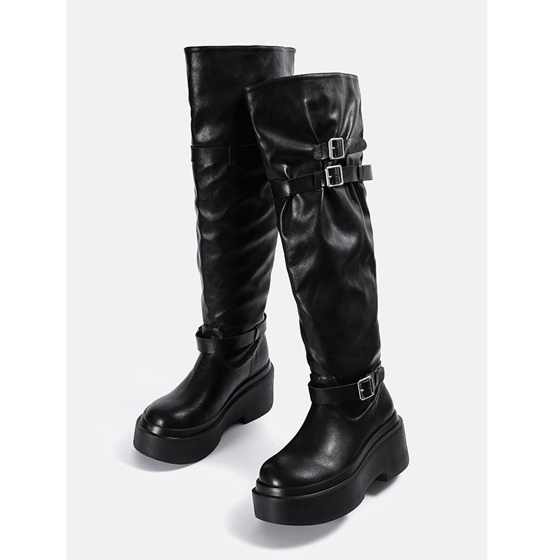 Retro round head thick-soled over-the-knee boots for women 2025 new large tube circumference pleated high boots belt buckle fashion boots for women