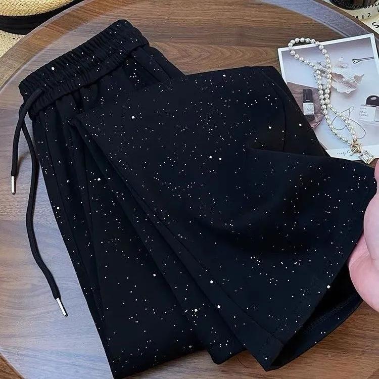 Shiny Star Sequin High Waist Straight Leg Floor Length Pants Women's Slim Fit Casual Wide Leg Trousers Autumn Summer