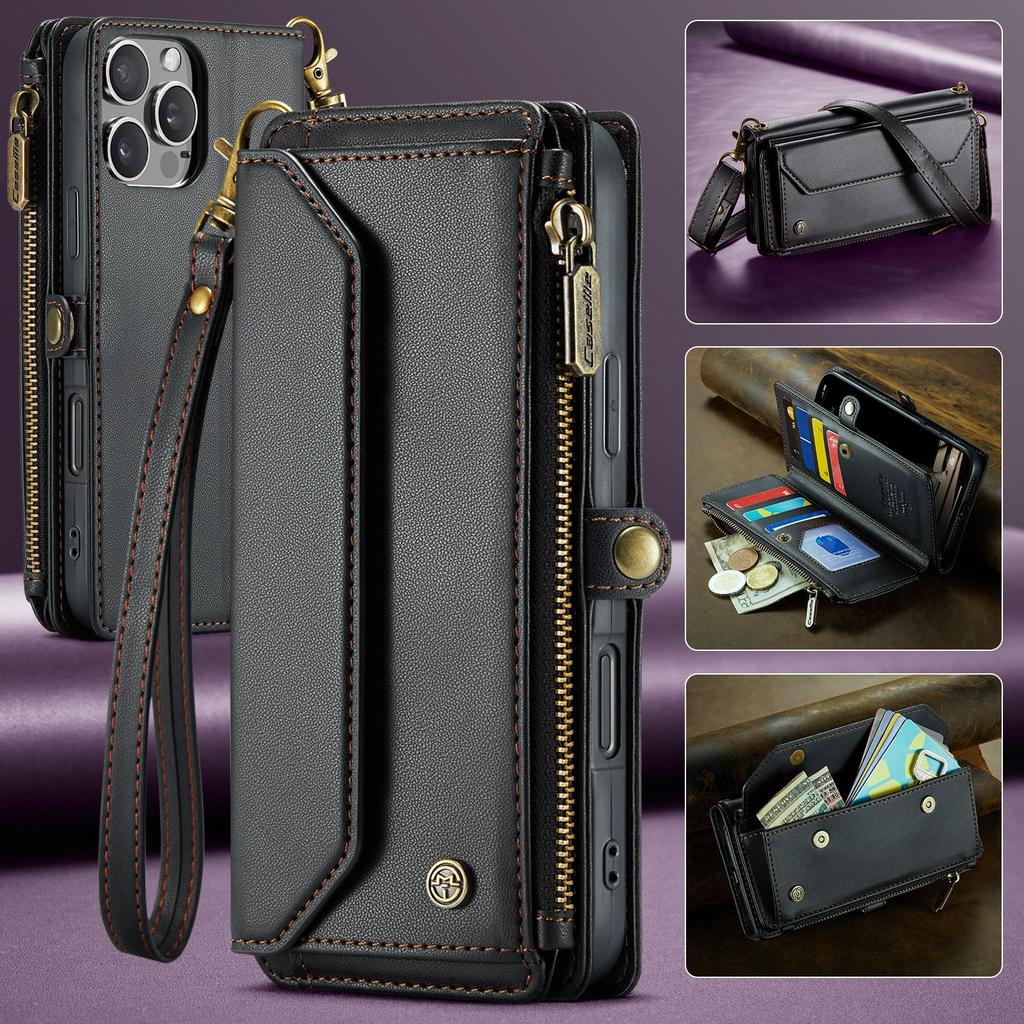 CaseMe (C36) Crossbody Wallet Case For iPhone 13 14 15 16 Pro Max Zipper Wrise Multi-functional Flip PU Leather Card Slots Holder Cover Protector