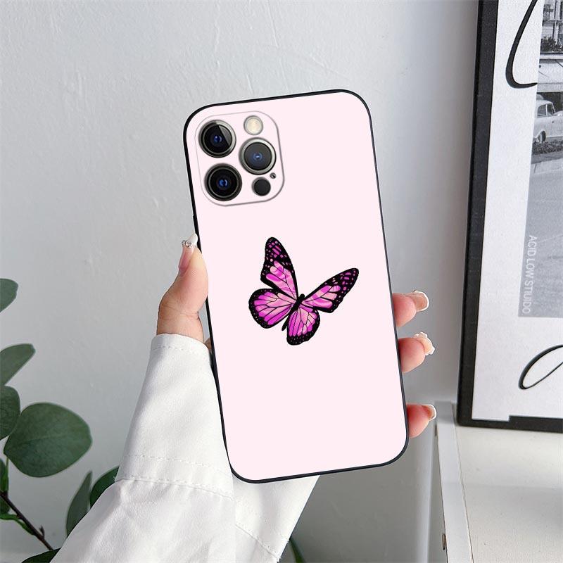 Beauty Pink Butterfly Phone Case for iPhone 11 15 Pro Max Case Coque 14 Plus 13 Pro 12 Mini 11 X S XR 7 8 SE 2020 TPU Soft Cover