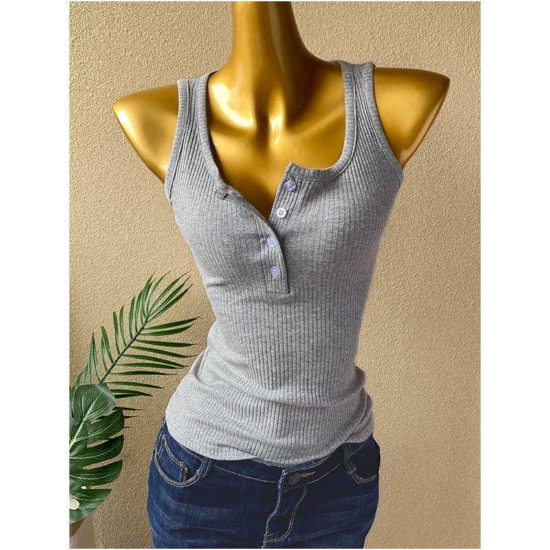 2026 Spring/Summer Women s Plus Size Ribbed Button Strap Slim Fit Sleeveless Tank Top XL серый