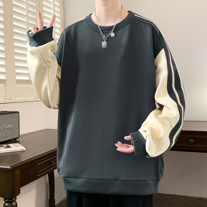 Herren Übergröße Color Block Hoodie - Frühling & Herbst Rundhals Langarm T-Shirt Innere Basisschicht mit bedruckter Oberbekleidung.