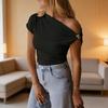 Women T-shirt Soft Stretchy Regular Fit Sloping Shoulder Short Sleeve Pullover Tops with Metal Design Party Vacation Casual Wear