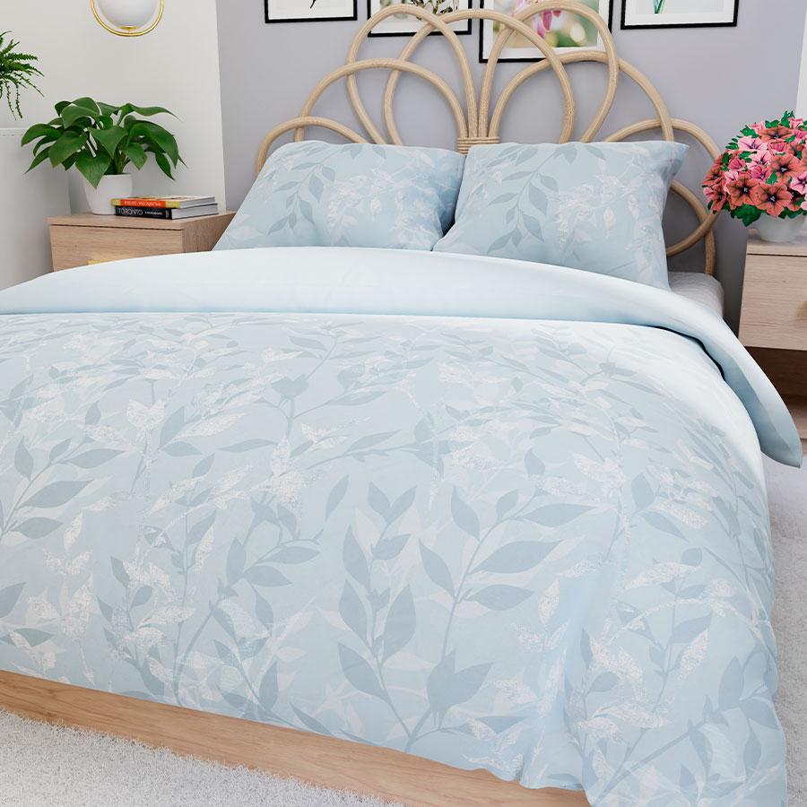 LILU Bedding Set 220x200 Cm - Satin Cotton, Blue, Plant Pattern