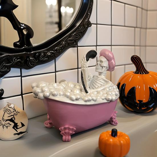 Halloween Bathing Skeleton Ornament Resin Bubble-Filled Bathtub Skeleton Figurine Statue Sculpture Home Office Holiday Party Decoration