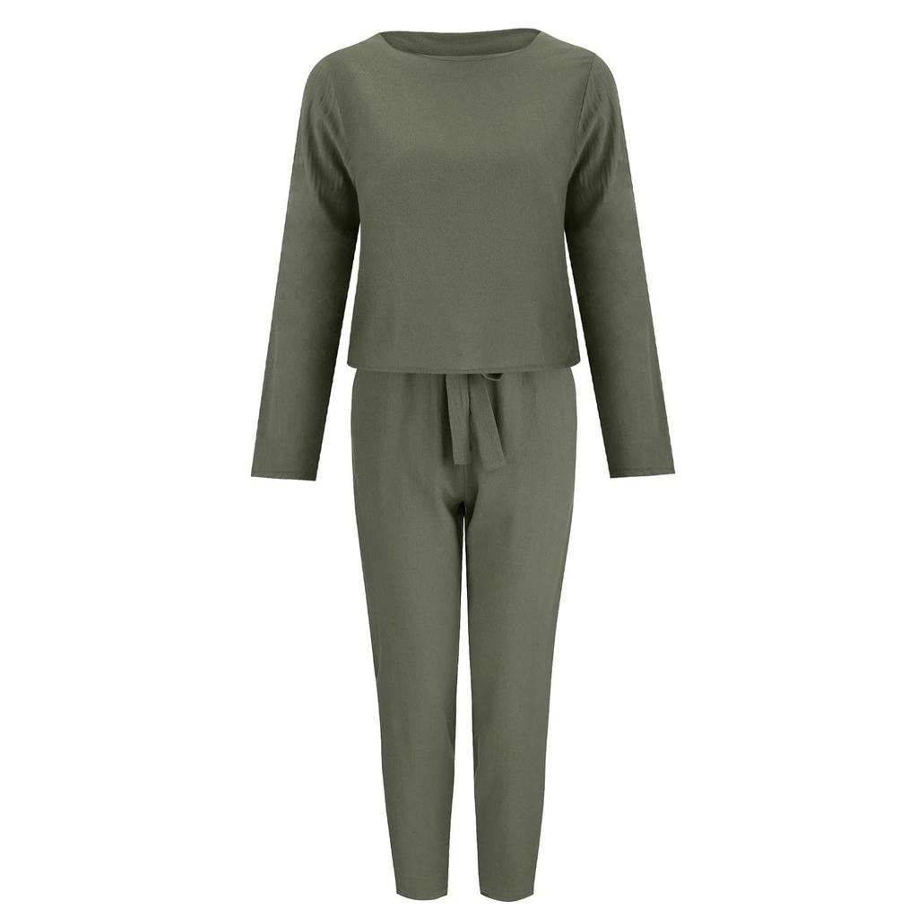 Women's Fashion Colour Casual Suit Loose Round Neck Top Long Pants Set