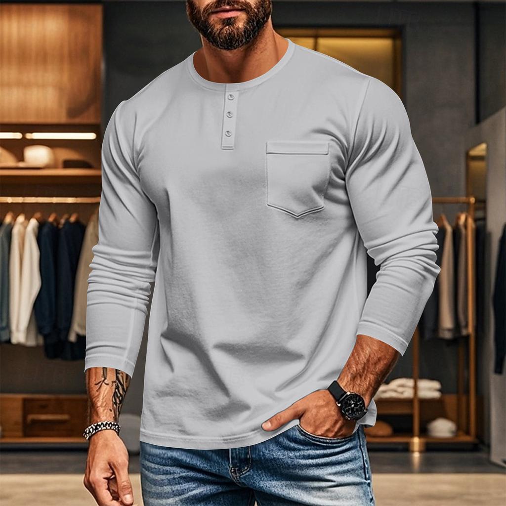 Men's Casual Long Sleeve Round Neck Button Down Shirt for Everyday Wear
