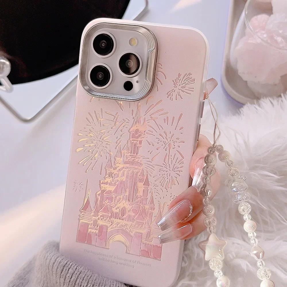Pink Glitter Phone Case for iPhone 16 Pro Max Plus 15 14 13 12 11 Laser Shiny Bling Cute Cartoon Castle iPhone Protective Cover