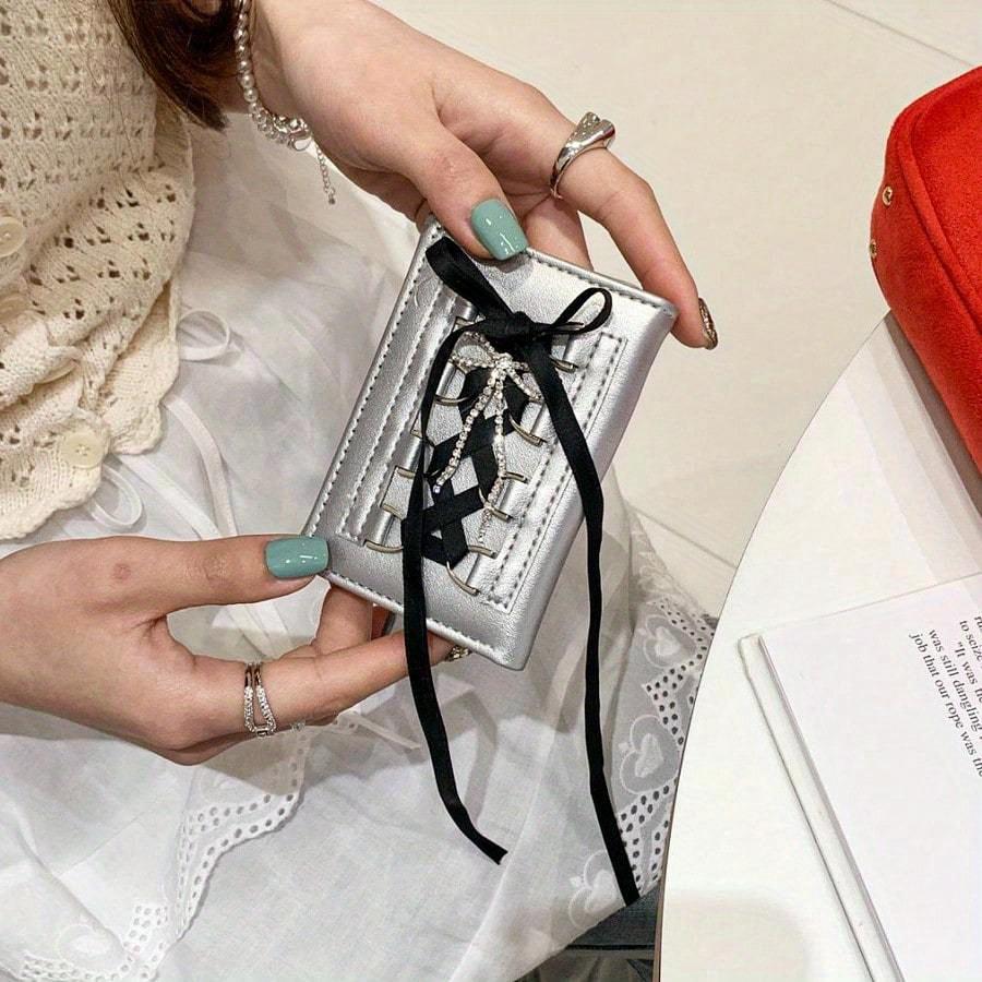 Sweet Style Lace Bowknot Short Wallet For Women Button-Up Trifold Card Holder Wallet Mini Wallet Purse Wallet Small Wallet Cute Wallet