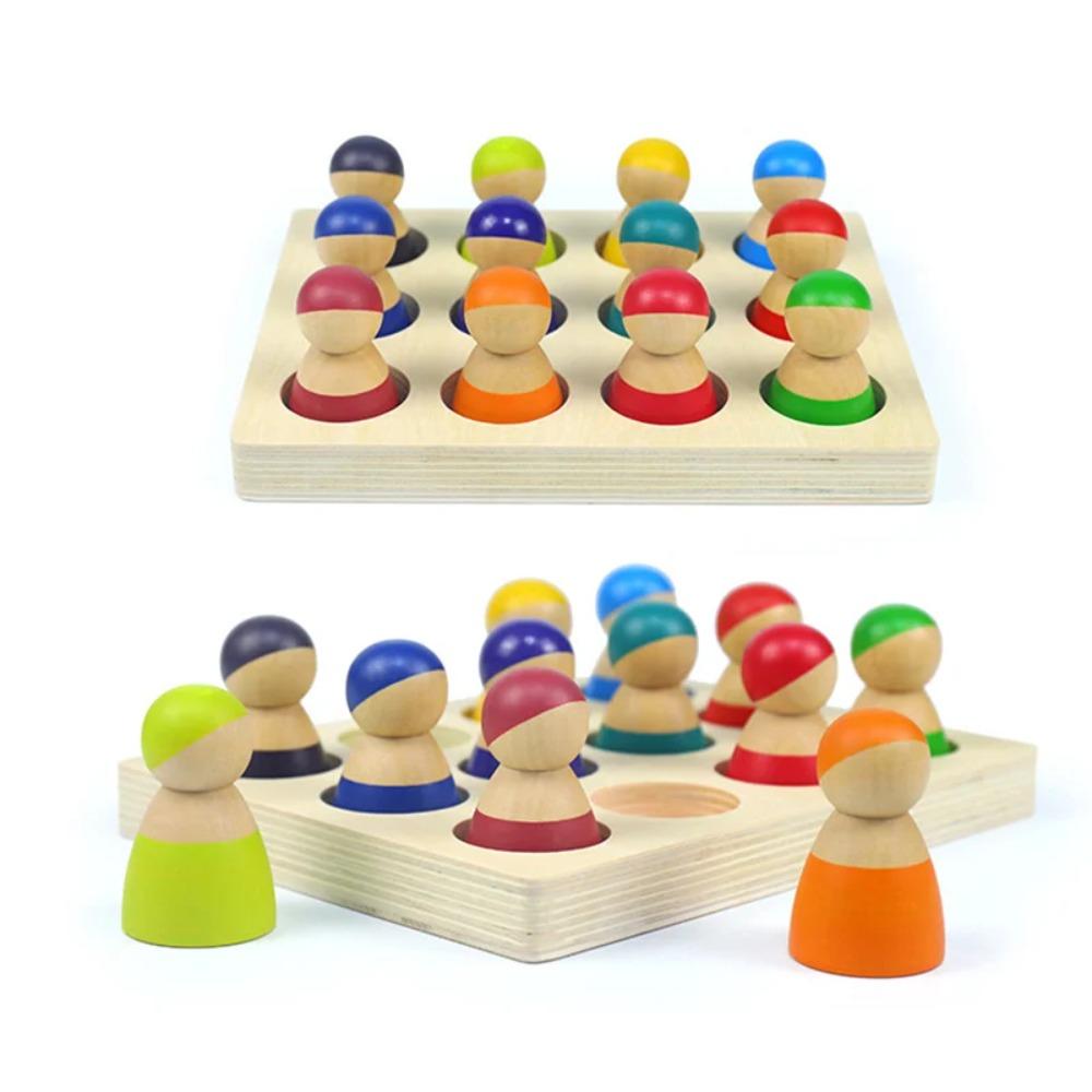 Montessori Sorting Board Puzzle Game Solid Wood Rainbow/Macaron Color Tray Villain Bead Color Cognition Matching Educational Toy