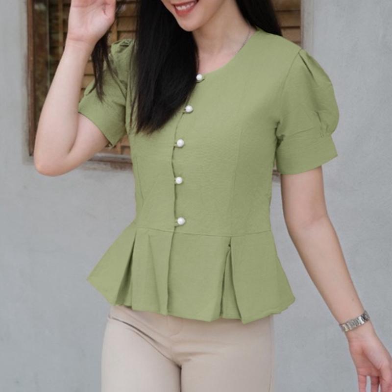 

ZANZEA Женская летняя блузка с круглым вырезом, однотонная, с коротким рукавом XL зелёный