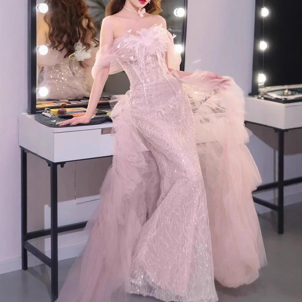 One-word shoulder evening dress 1011 new summer pink engagement dress high-end light luxury wedding toast dress bride