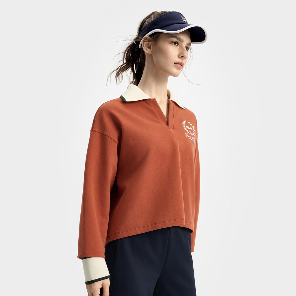 Fila Tennis Casual Classic Versatile Polo Neck Pullover Sweatshirt Women Sweatshirt Autumn-Red Brown A11W533209FBN