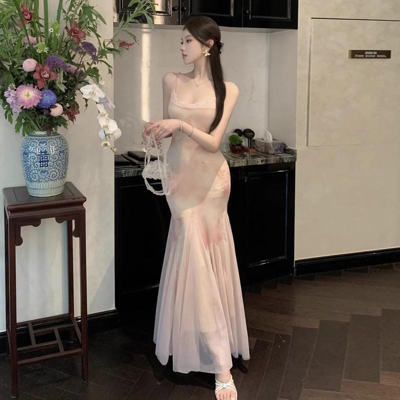 Pure Desire Wind Floral Mesh Suspender Dress Women's Summer Temperament Waist Seaside Vacation Hip Fish Tail Long Skirt