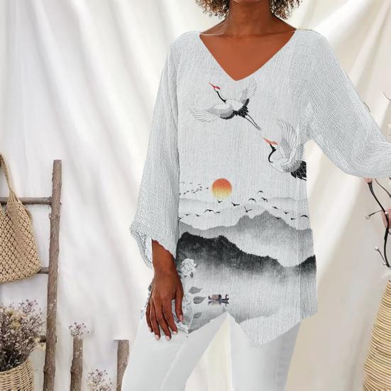 

Женские топы в китайском стиле с v-образным вырезом и длинными рукавами, повседневные топы, пуловеры в стиле ретро с 3D принтом и нерегулярным подолом