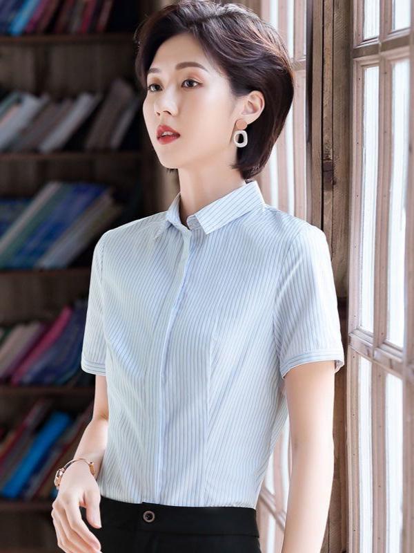 Women's Striped Professional Short Sleeve Shirt - Summer 2026 Slim Fit Formal Top for Business and Interviews