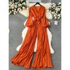 Puff Sleeves V-neck Lace-up Waist-Tight Pleated Jumpsuit