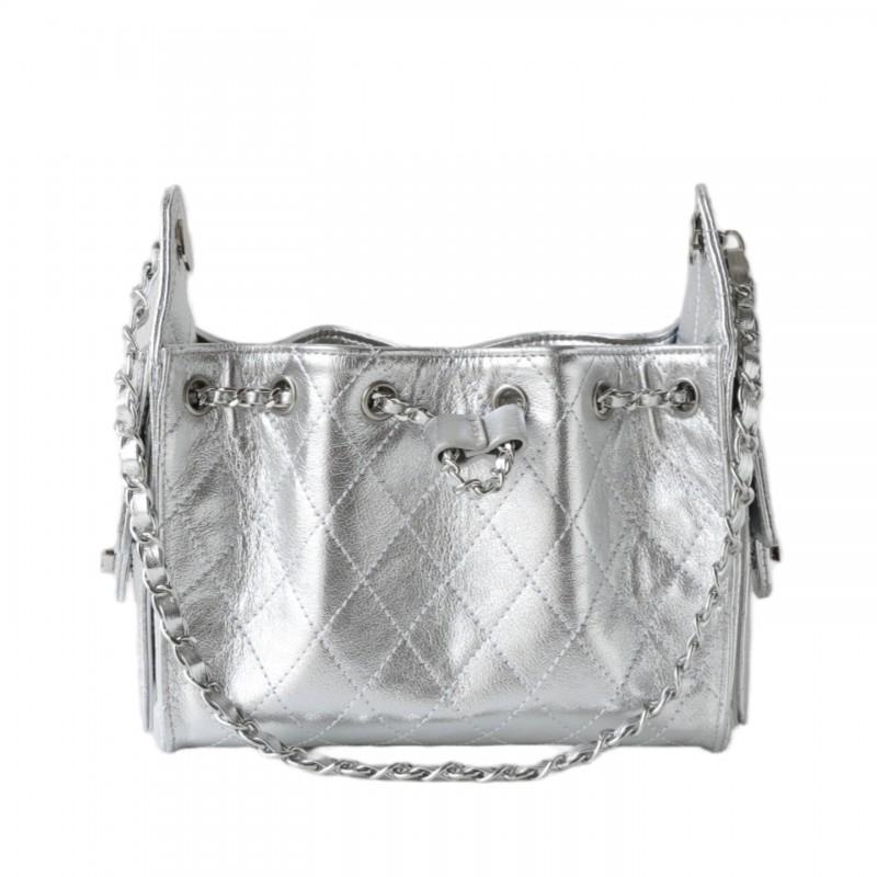 Bolsa de Corrente Rombos Acolchoada Vintage Feminina Couro Genuíno Hobo Ombro Tamanho Médio Dourada