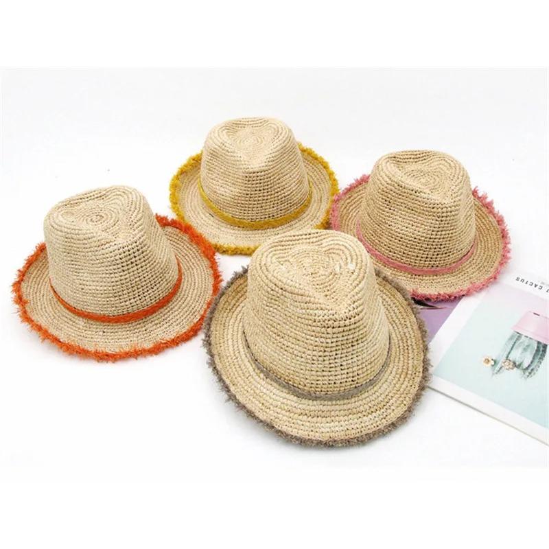 British Summer Natural Raffia Grass Colored Burr Lady Panama Fedoras Cap Women Panama Jazz Hat