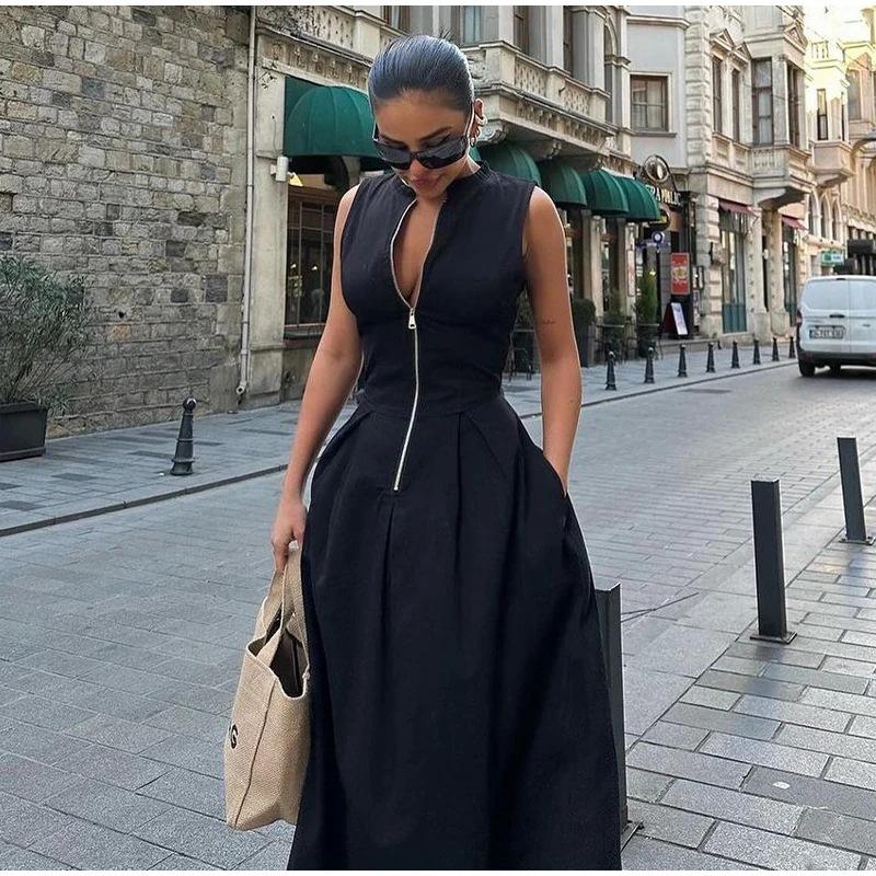 Letní dámské plisované šaty bez rukávů na zip Dlouhé šaty Elegantní společenské šaty pro ženy Šaty