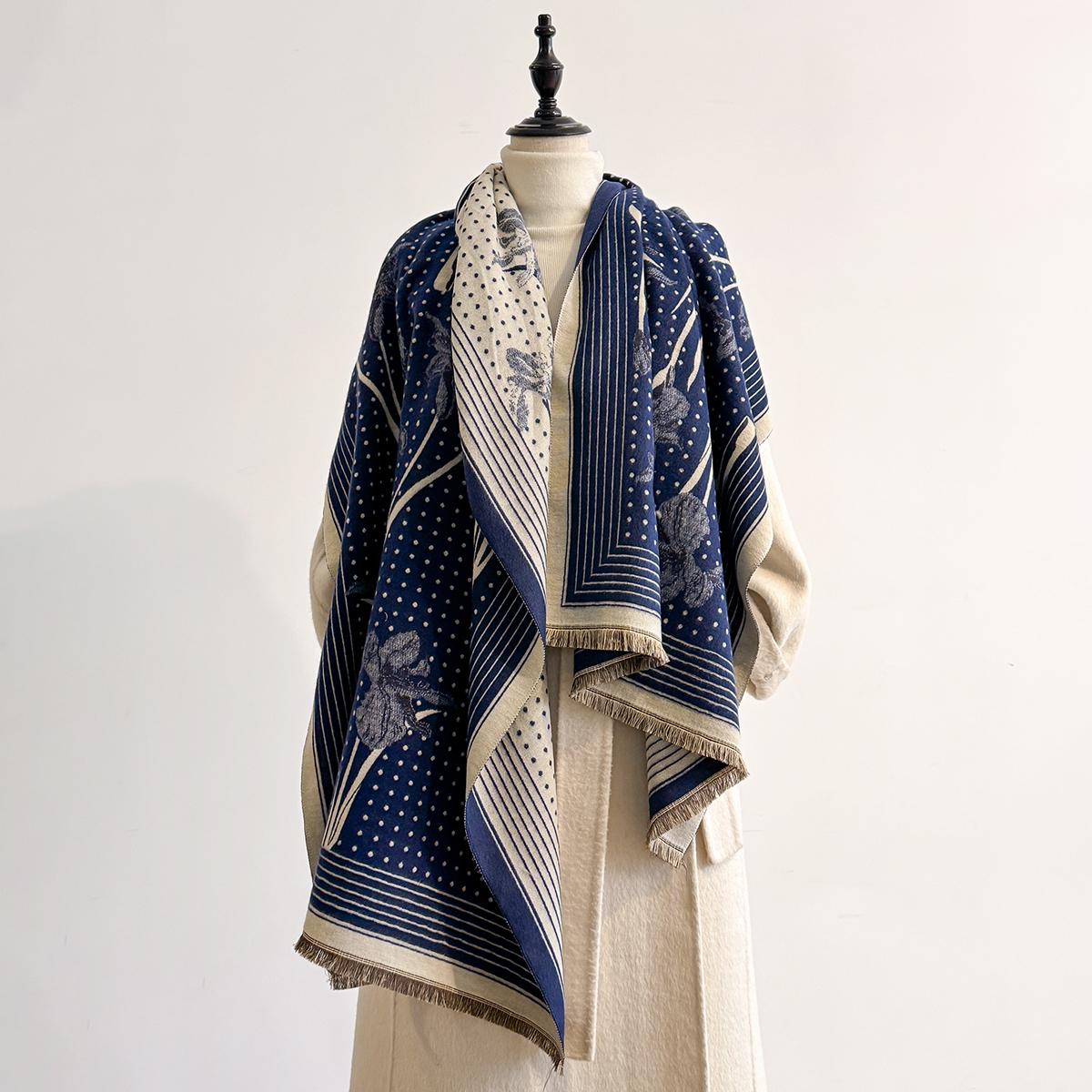 

Luxury Brand Women s Cashmere Scarf - Winter Warm Tasseled Striped & Polka Dot Printed Pashmina Shawl, Foulard & Poncho темно-синього кольору