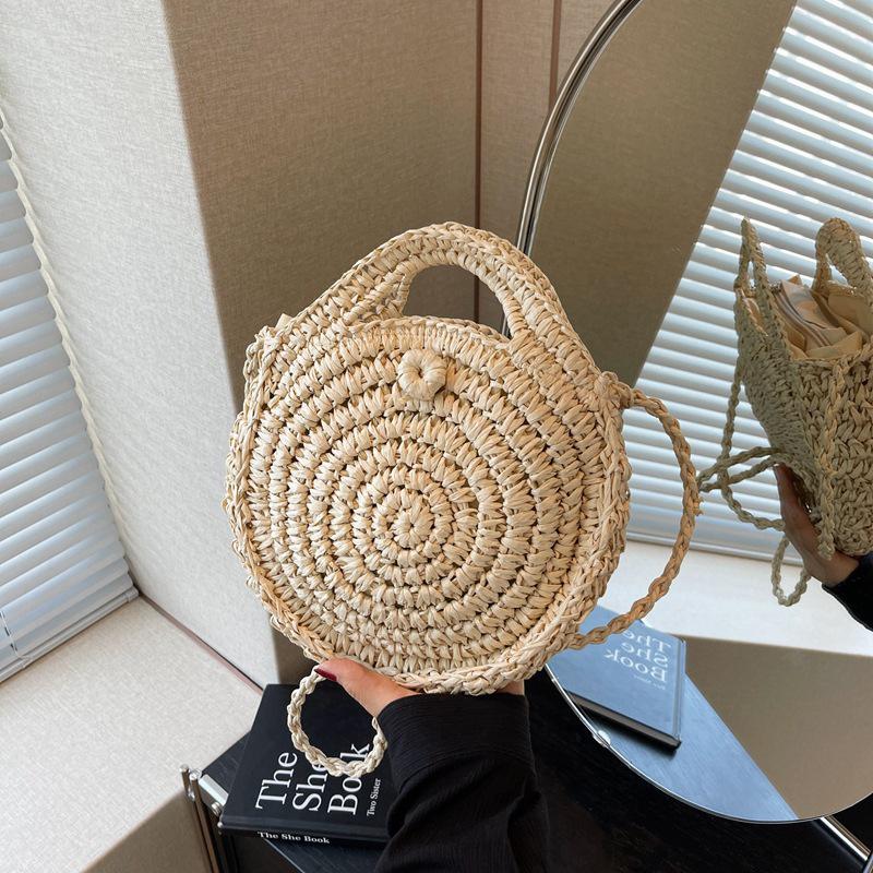 Runde Umhängetasche aus Stroh, handgefertigt, gewebte Schultertasche für Damen, Sommer-Strandtasche, Bohemia-Reisetasche, kleine Handtasche und Geldbörse