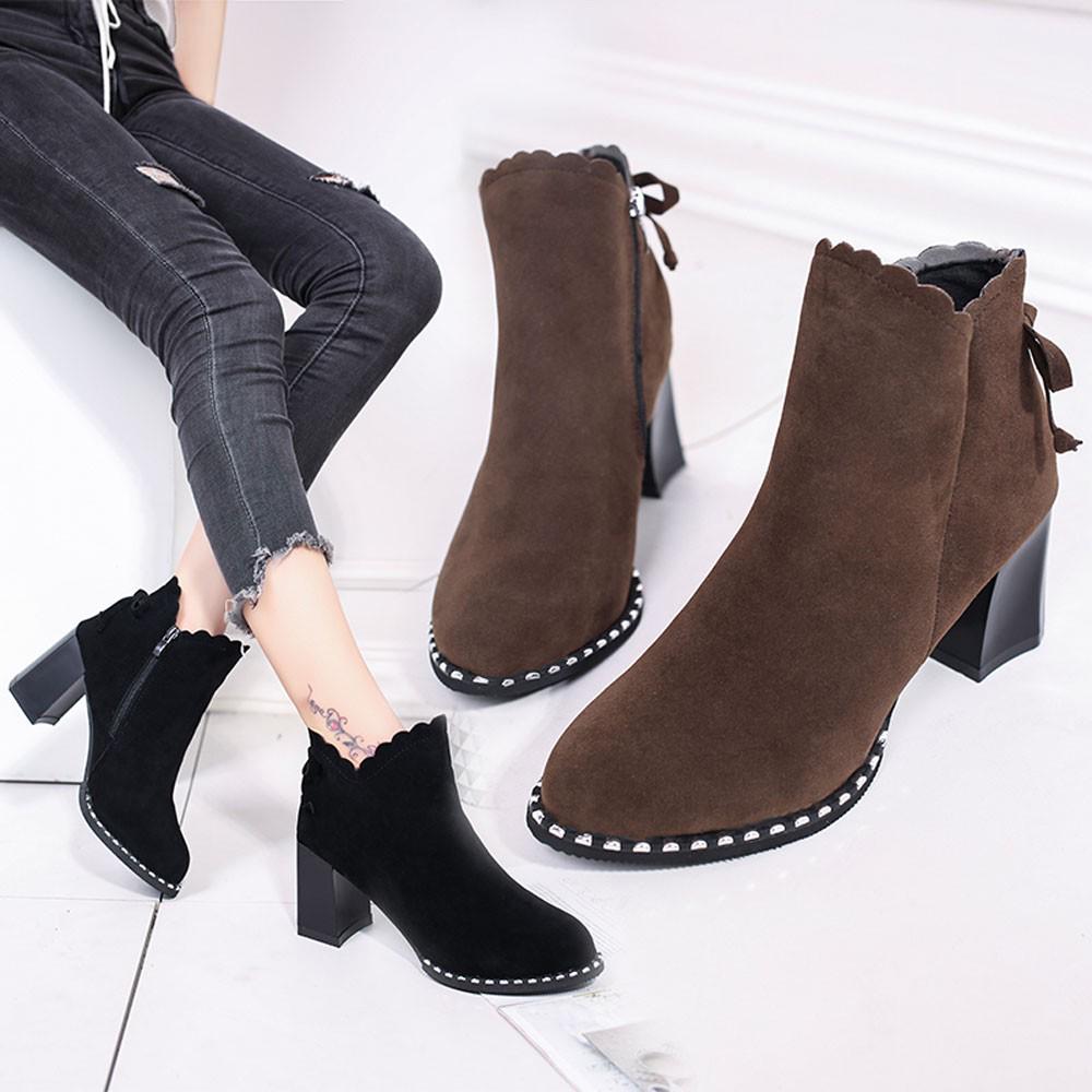 Buy Women Female Thick With Short Boots Scrub Side Zip High Heels Bow