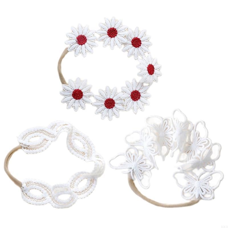 3Pcs Infant Stretchy Lace Headwear Hairband Feature Delicate Embroidery Soft Fabric for Everyday Wear and Photoshoots