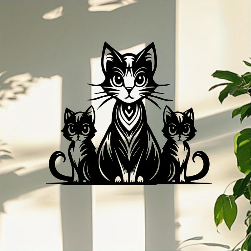 Vintage Metal Wall Art Mother Cat Kittens Striped Fantasy Silhouette Geometric Pattern Living Room Decor Gift for Cat Lovers