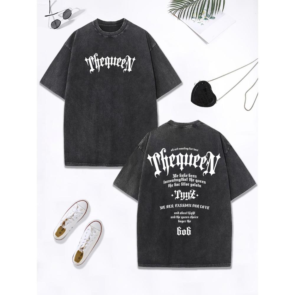 

Medieval Style Writing Prints Washed T-Shirt Women Cotton Oversize Tops Distressed O-Neck T Shirt Casual Womans Clothes S