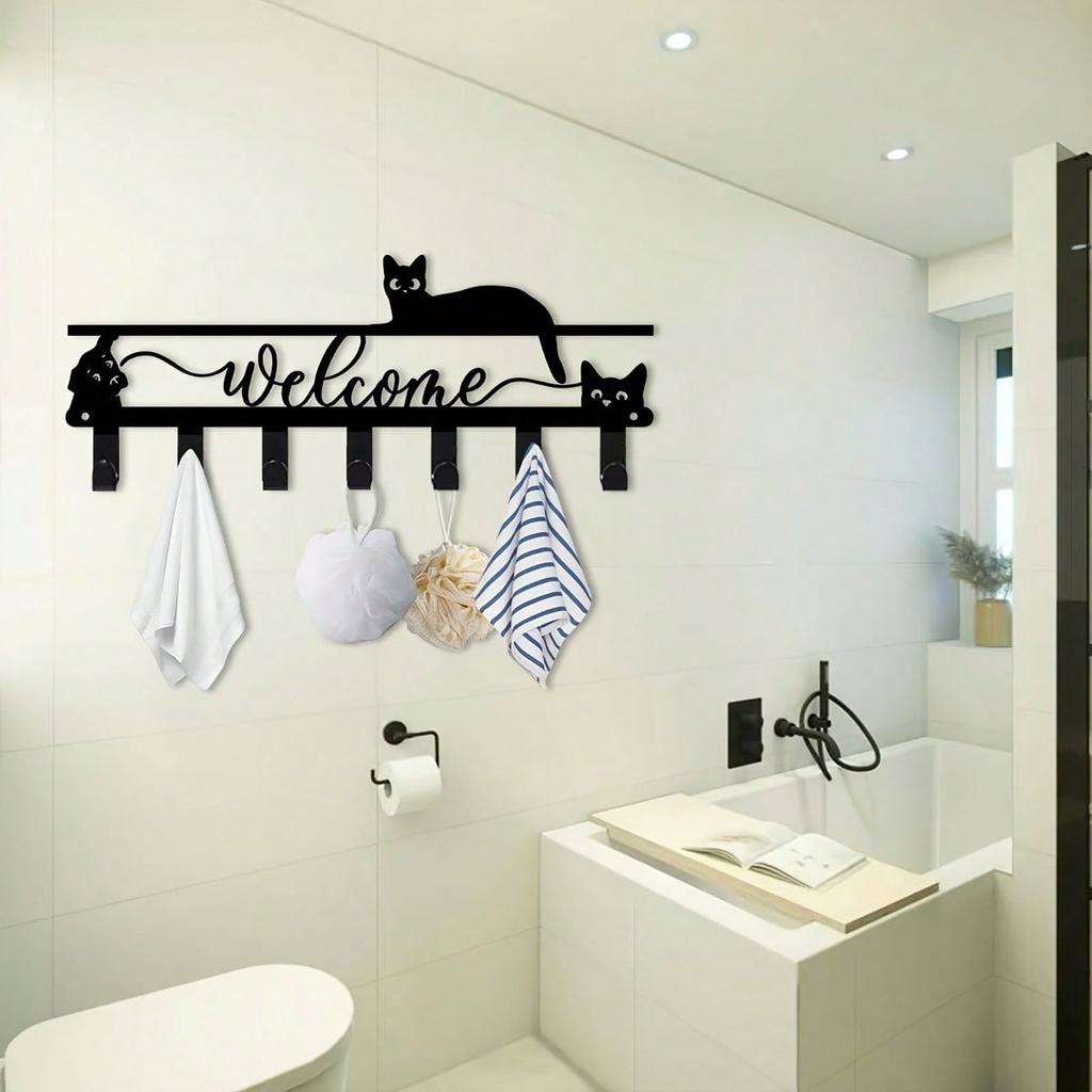 Bohemian Welcome Cat Metal Key Holder Multi Hook Wall Decor Gift for Cat Lovers