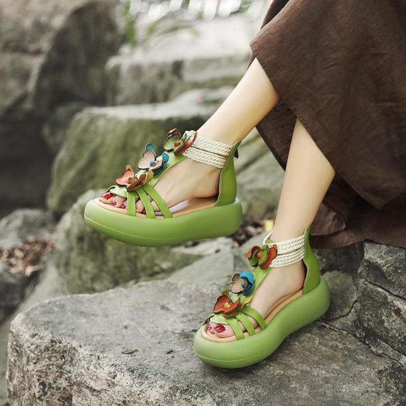 Moda Alta Qualità 5CM Pelle di Mucca Vera Scarpe Basse Fiore Stivali Donna Traforati ZIP Scarpe con Tacco Estate Piattaforma Zeppa Sandali Mary Jane