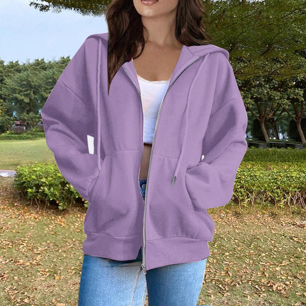 Women's Casual Fashion Solid Color Long Sleeved Zippered Hooded Sweatshirt